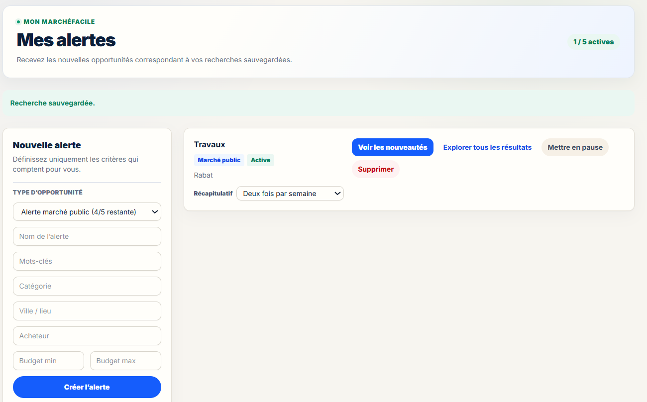 Page de gestion des alertes de Marché Facile