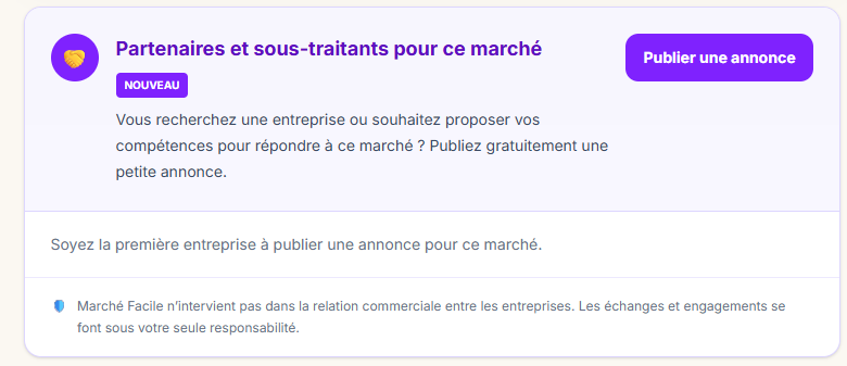 Encart de mise en relation entre partenaires sur une fiche marché
