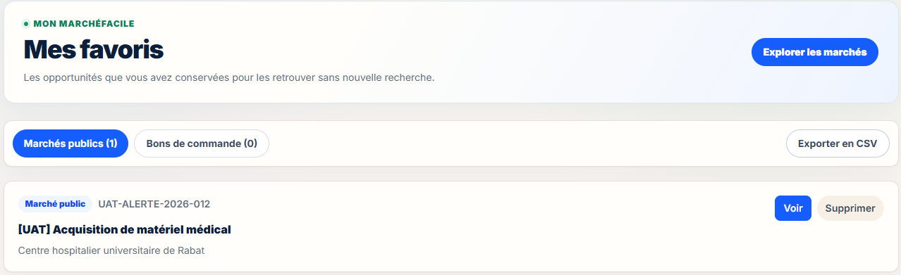 Page des favoris de Marché Facile